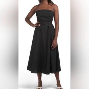 Rachel Zoe Black Belted Strapless Cotton Midi With Pockets. Back Zipper